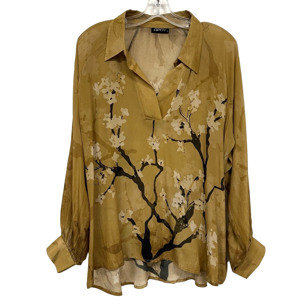 APNY gold print Blouse Womens Large cherry blossom semi sheer long sleeve